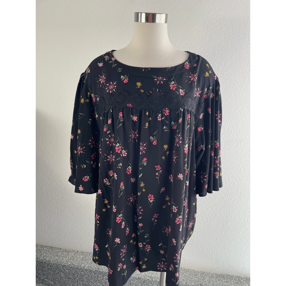 Lane Bryant Womens Plus 28 Floral Short Sleeve Blouse Crew Neck Keyhole Back